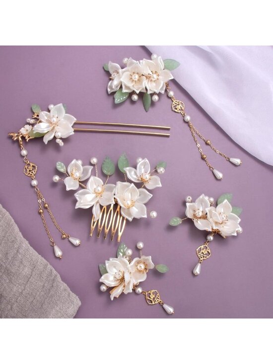 Elegant White Flower Tassel Hairpins Set | Faux Pearl Non-Slip Wedding main image 4